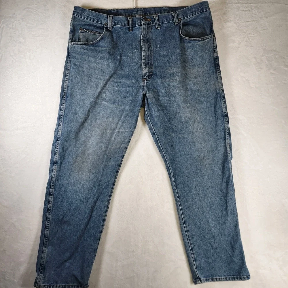 Vtg Wrangler Rugged Wear Jeans 46x30 Light Wash‎ Distressed Faded USA Workwear